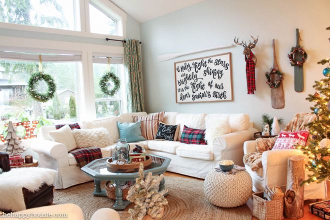 Lake-Cottage-Christmas-Decorating-in-our-Living-and-Dining-Room-at-thehappyhousie.com-Country-Living-Christmas-Home-Tour-1