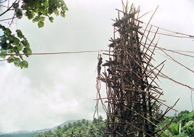 Человек стоит на высокой деревянной конструкции