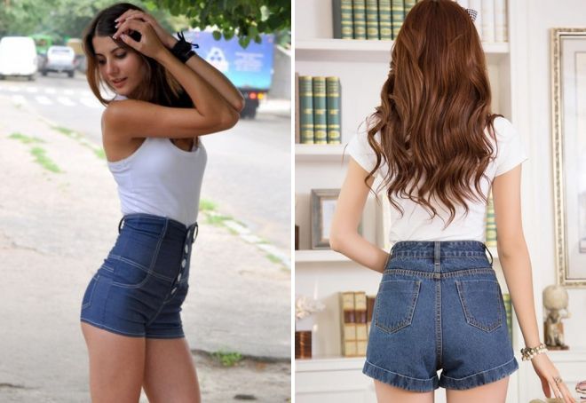 женские короткие джинсовые шорты с высокой талией