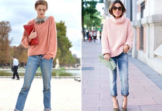 розовый свитер с джинсами