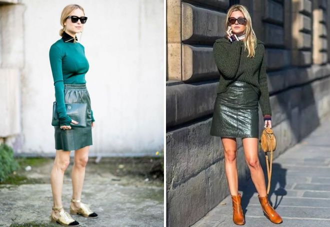 зеленый свитер и кожаная юбка