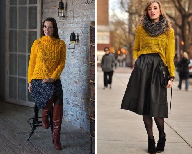 с чем носить желтый вязаный свитер 2017