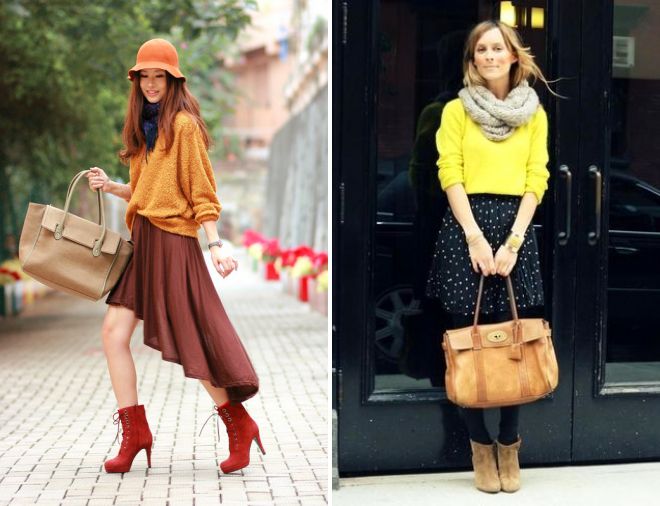 желтый свитер и легкая юбка