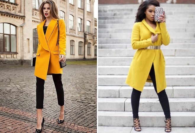 женское пальто желтого цвета