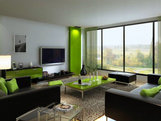 сочетание зеленого в интерьере гостиной
