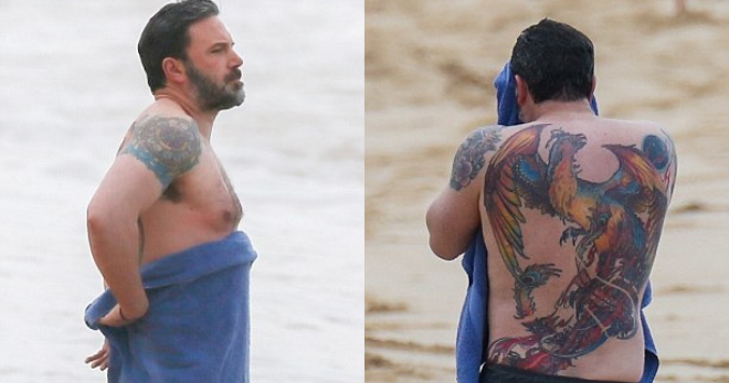 Бен Аффлек засветил гигантскую цветную татуировку на пляже