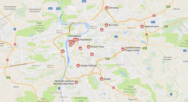 Торговые центры Праги на карте