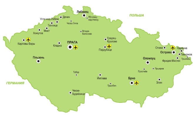 Карта международных аэропортов Чехии