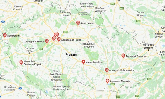 Аквапарки Чехии на карте