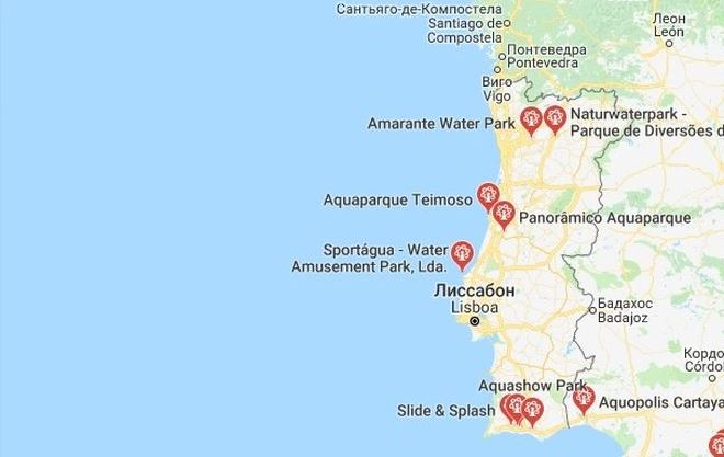 Аквапарки Португалии на карте