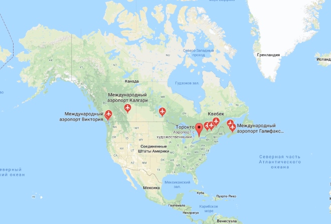 Международные аэропорты Канады на карте