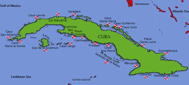 Карта дайв-сайтов Кубы