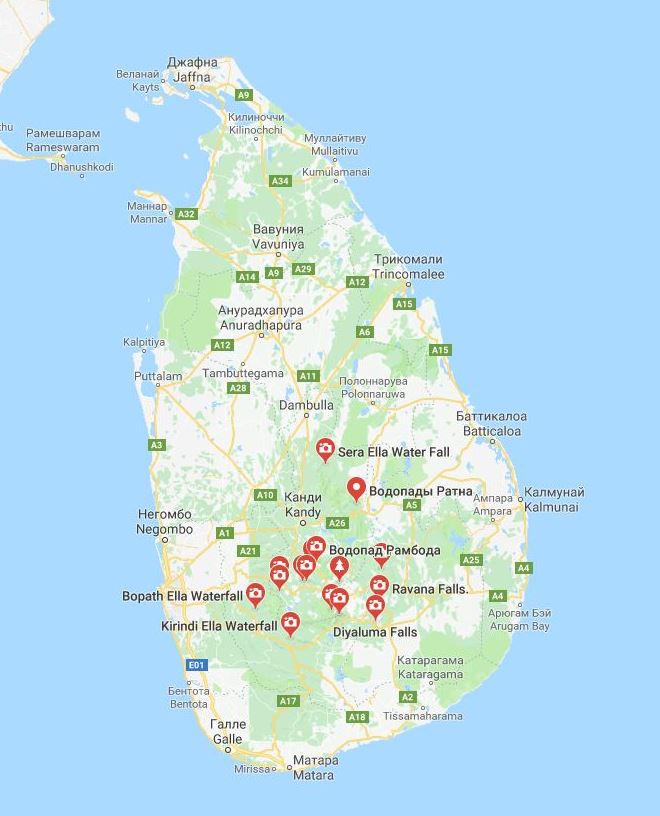 Карта водопадов Шри-Ланки