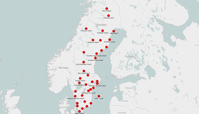 Аэропорты Швеции на карте