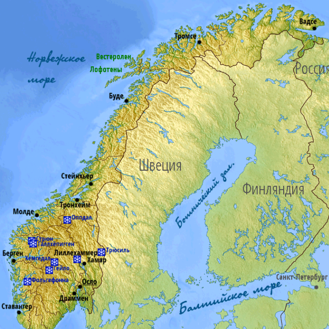 Горнолыжные курорты на карте Норвегии