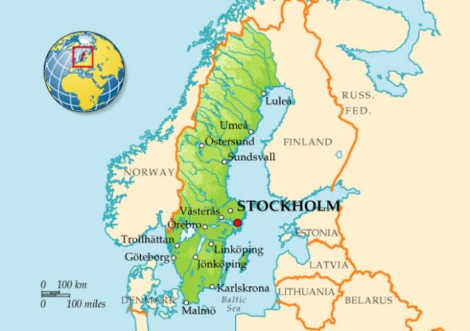 Стокгольм на карте Европы