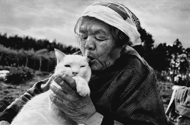 Бабушка целует кота