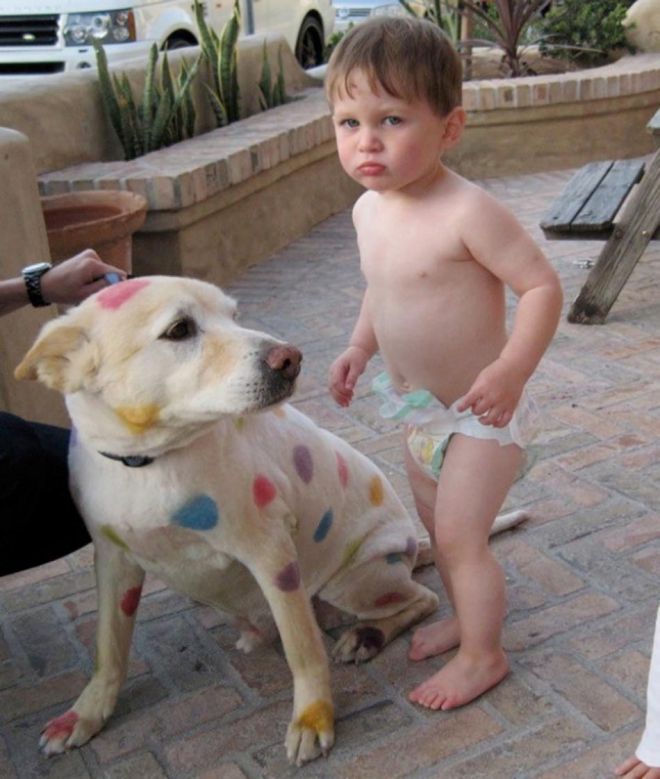 Мальчик и собака в разноцветные пятна