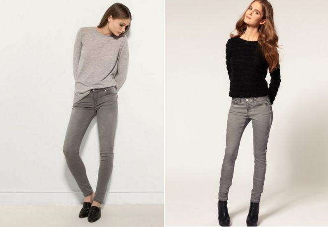Серые узкие джинсы женские с чем носить