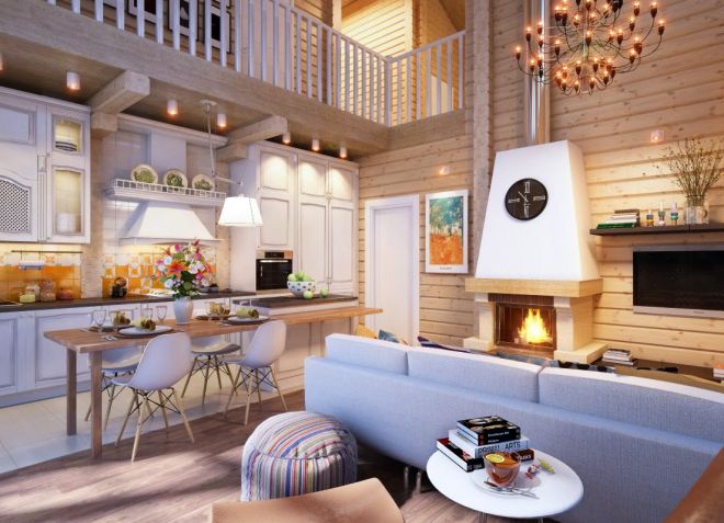 Интерьер гостиной в деревянном доме из бруса, гостиная с камином