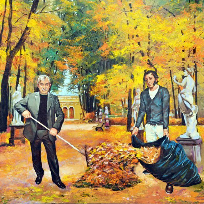 Пушкин приберает дорожки в парке