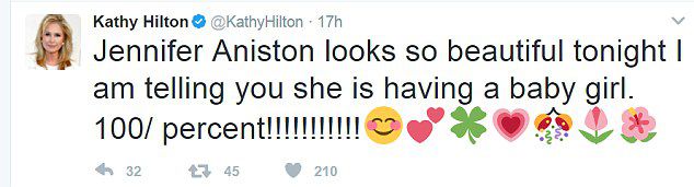 Хилтон на своей странице в Twitter написала о том, что Энистон ждет девочку