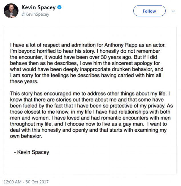 Кевин Спейси сделал заявление о своей нетрадиционной ориентации в Twitter