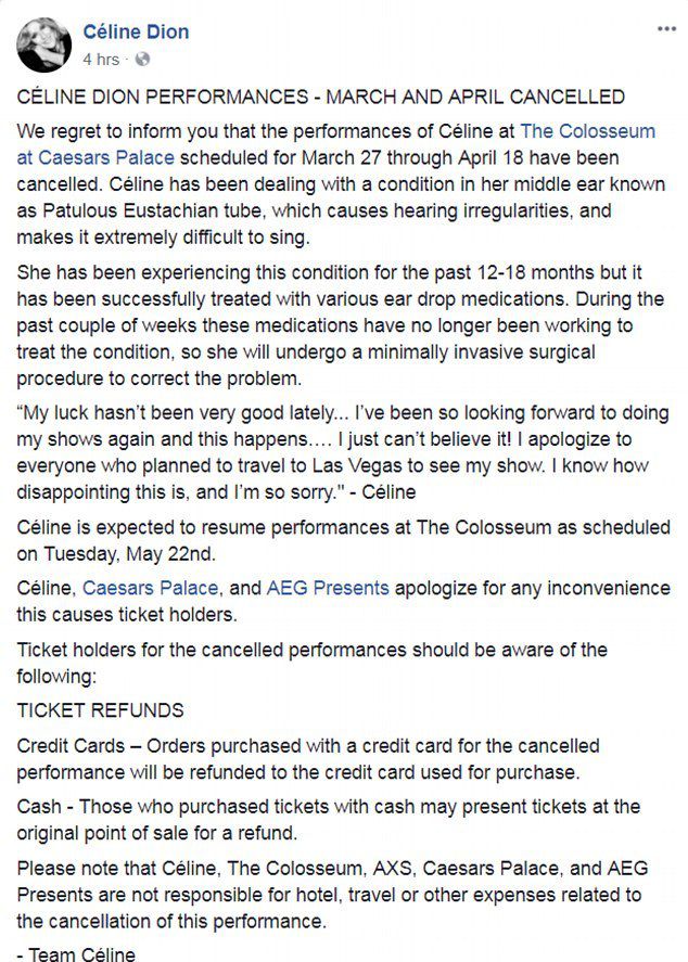 Пост об отмене концертов Селин Дион в Facebook