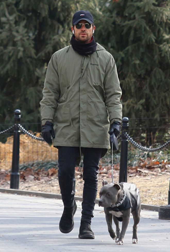 Джастин Теру на прогулке с питбулем в Нью-Йорке, февраль 2018 года