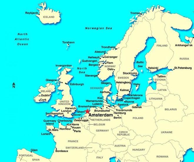 Амстердам на карте Европы
