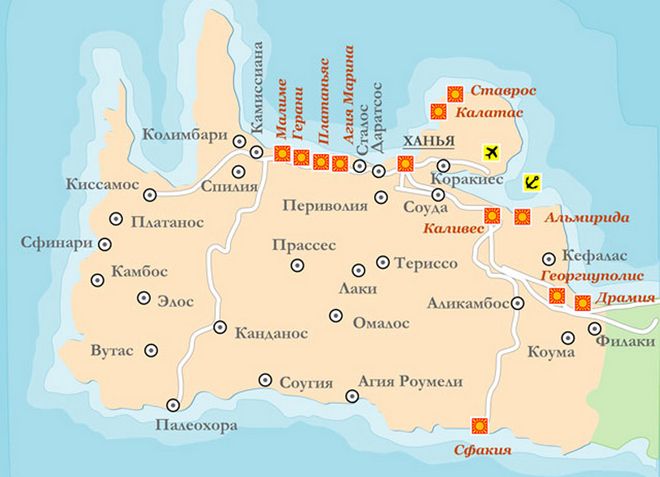 Город Ханья на карте Крита