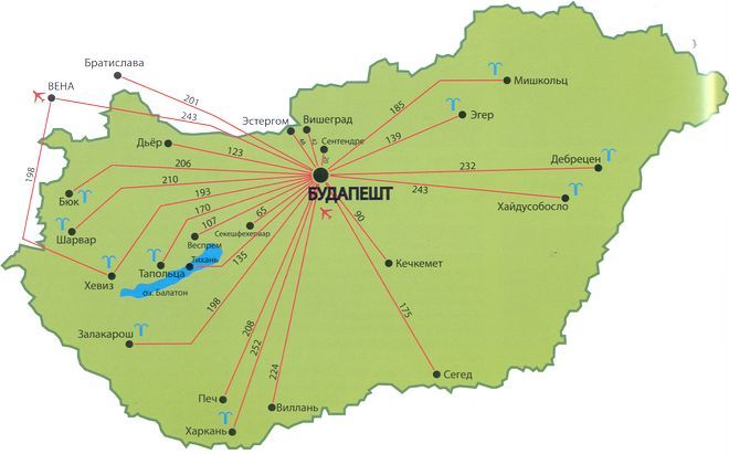 Термальные курорты Венгрии на карте