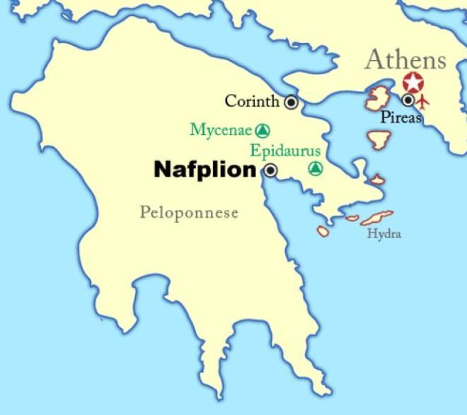 Нафплион на карте Греции