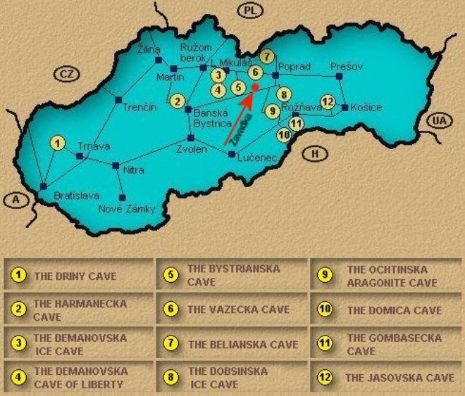 Пещеры на карте Словакии