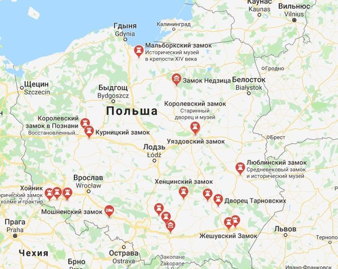 Замки Польши на карте