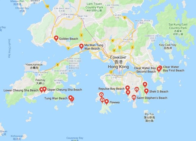 Пляжи Гонконга на карте