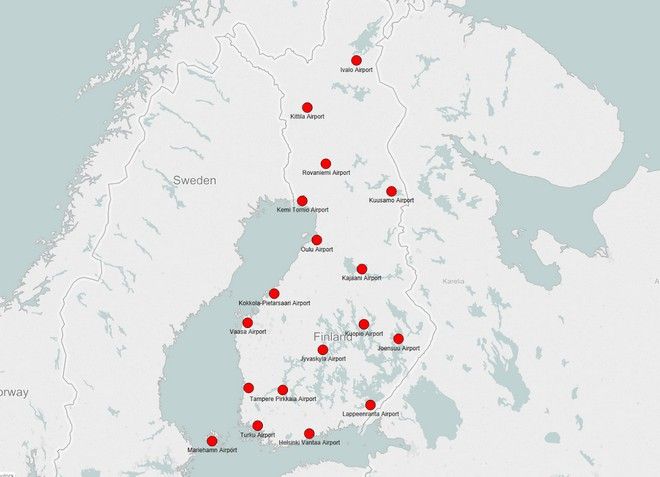 Международные аэропорты Финляндии на карте