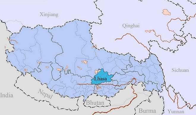 Лхаса на карте Тибета