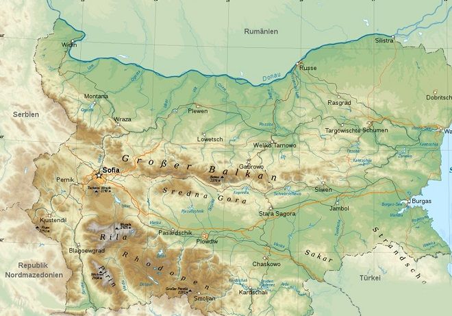Горы на карте Болгарии