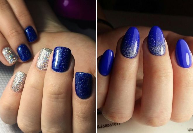 синий блестящий дизайн ногтей