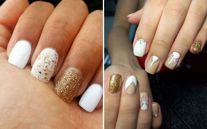 wedding manicure for short nails with gold