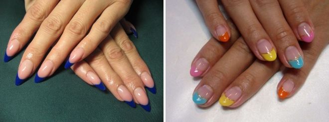 разноцветный френч на миндалевидных ногтях