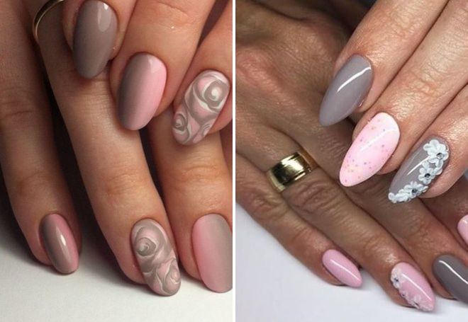 серый с розовым дизайн ногтей