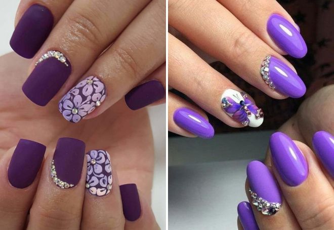 purple manicure with rhinestones