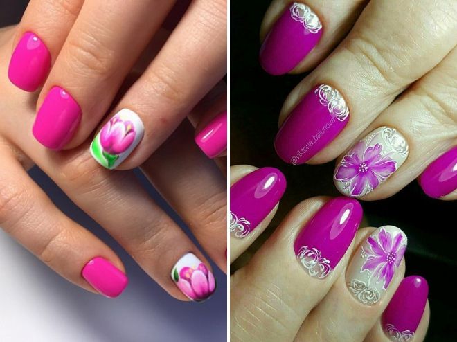 fuchsia manicure with flowers