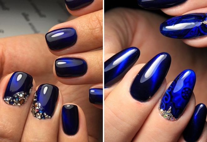 dark blue manicure with rhinestones