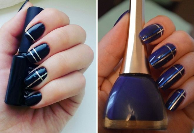 dark blue manicure with stripes