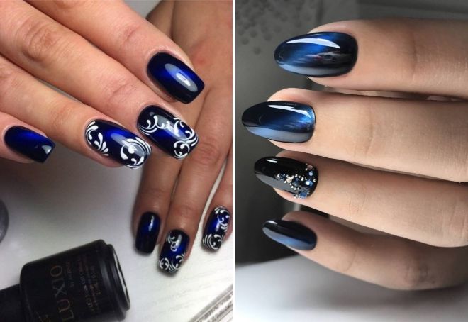dark blue manicure with design