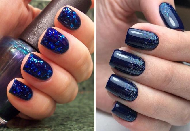 dark blue glitter manicure