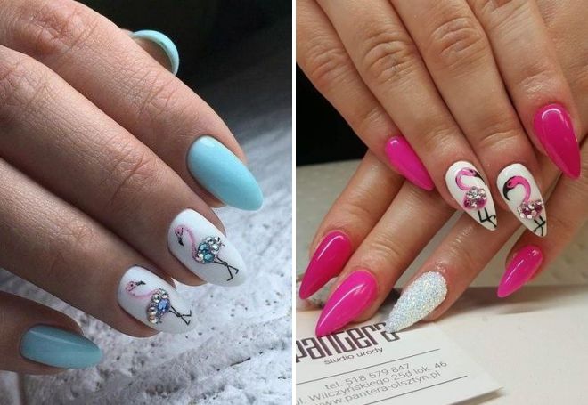 nail design with flamingos and rhinestones